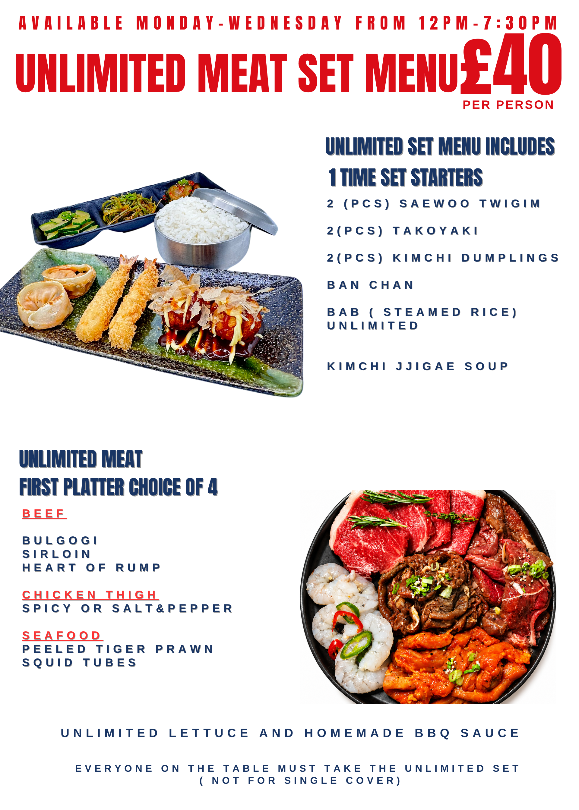 Unlimited halal Korean BBQ meat set menu at Korean BBQ House Barbican London featuring premium beef bulgogi, sirloin steak, chicken thigh, tiger prawns, squid, Korean starters, kimchi jjigae soup, steamed rice and Korean BBQ table grill dining.