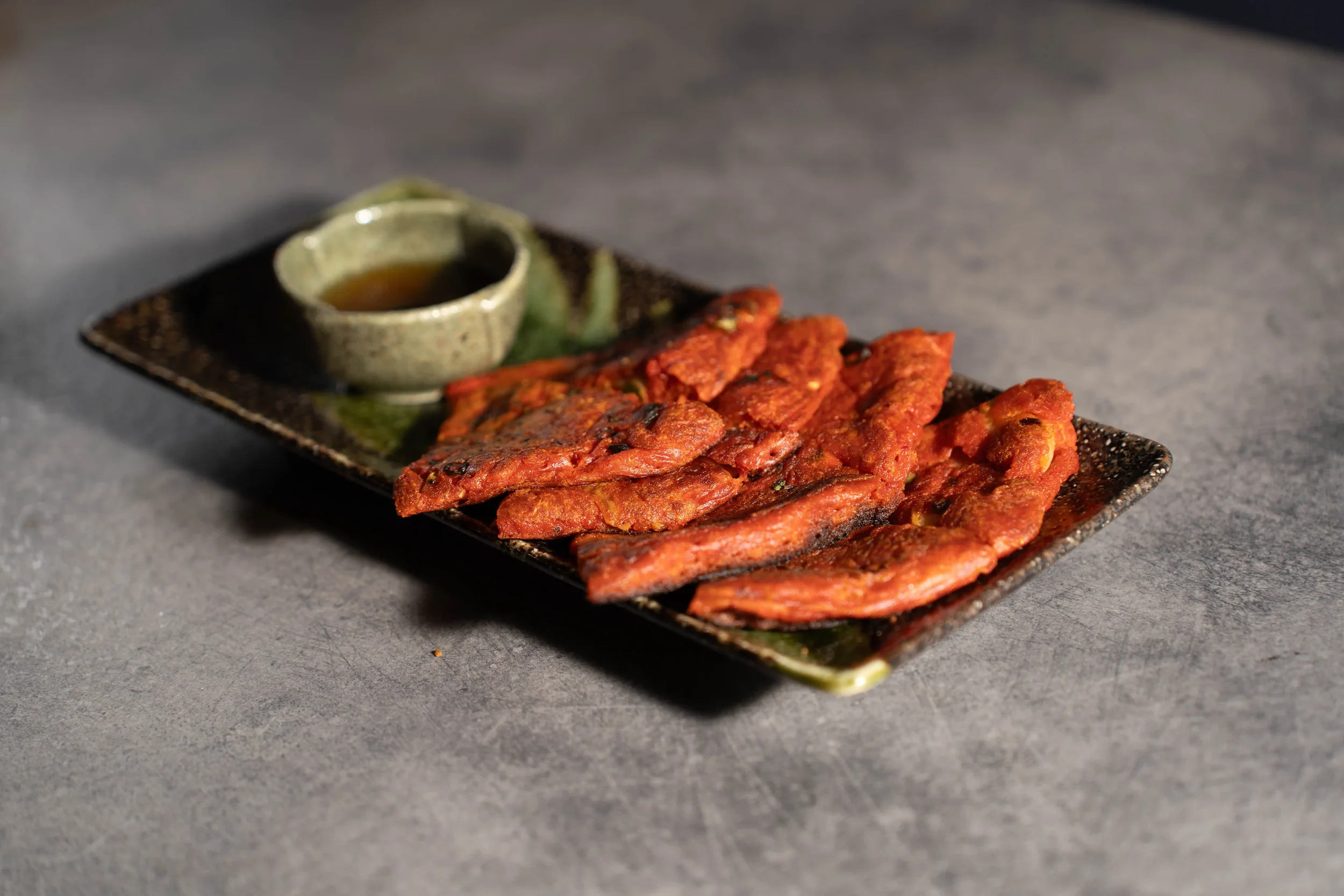 Korean kimchi pancake (kimchijeon) served at NURI Korean BBQ halal restaurant Canary Wharf London