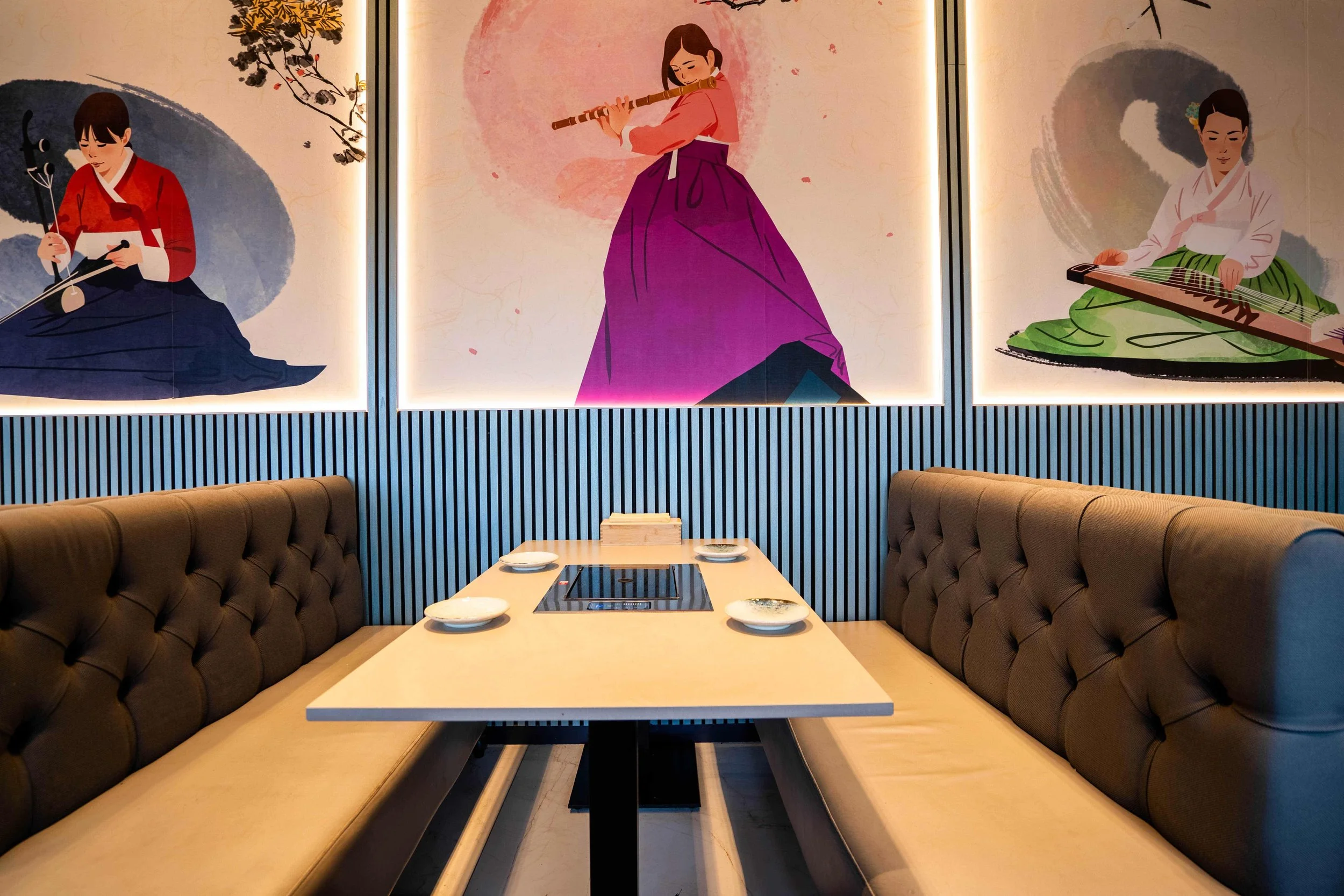 Private booth dining area at NURI Korean BBQ halal restaurant Canary Wharf London
