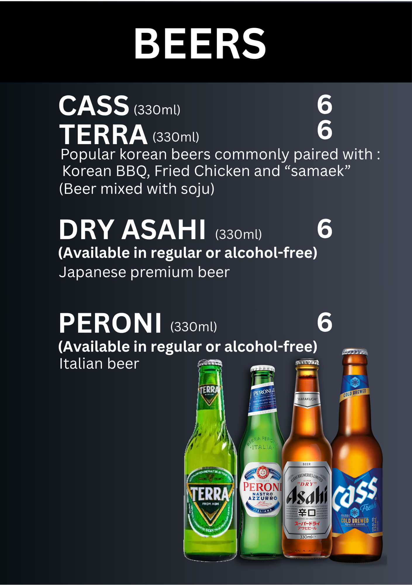 Korean beer menu featuring Terra beer, Cass beer and premium lagers at NURI Korean BBQ Canary Wharf  Description