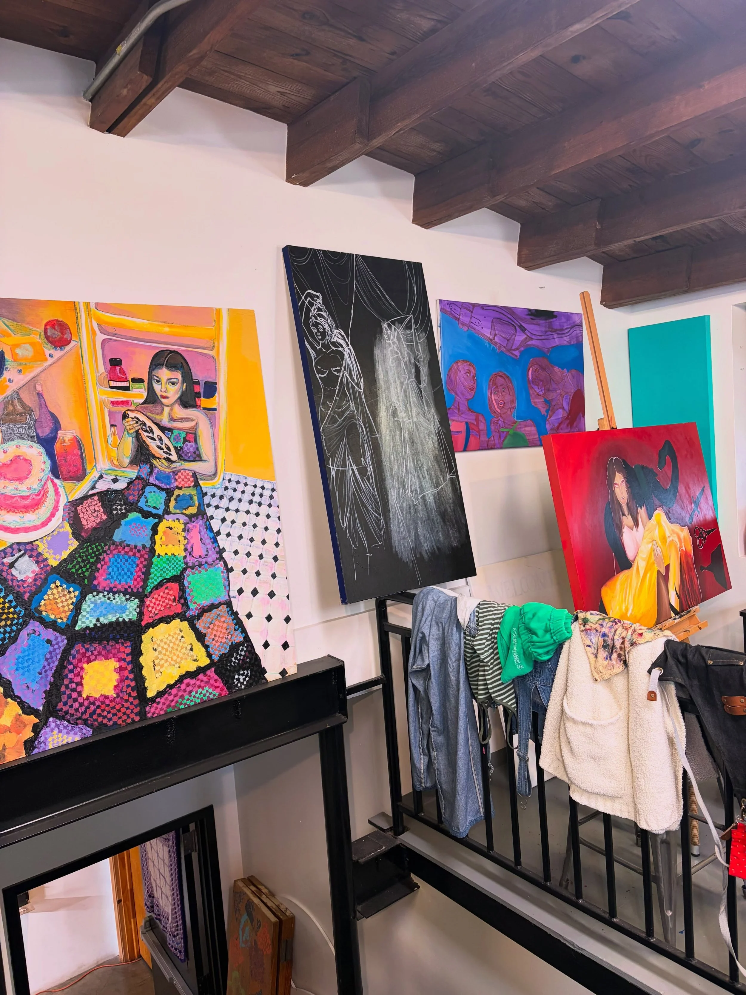 The studio installed with work at open studios for @canalstreetstudioshou 

#emergingartist #openstudio #houstonartist #stainedglass #paintings