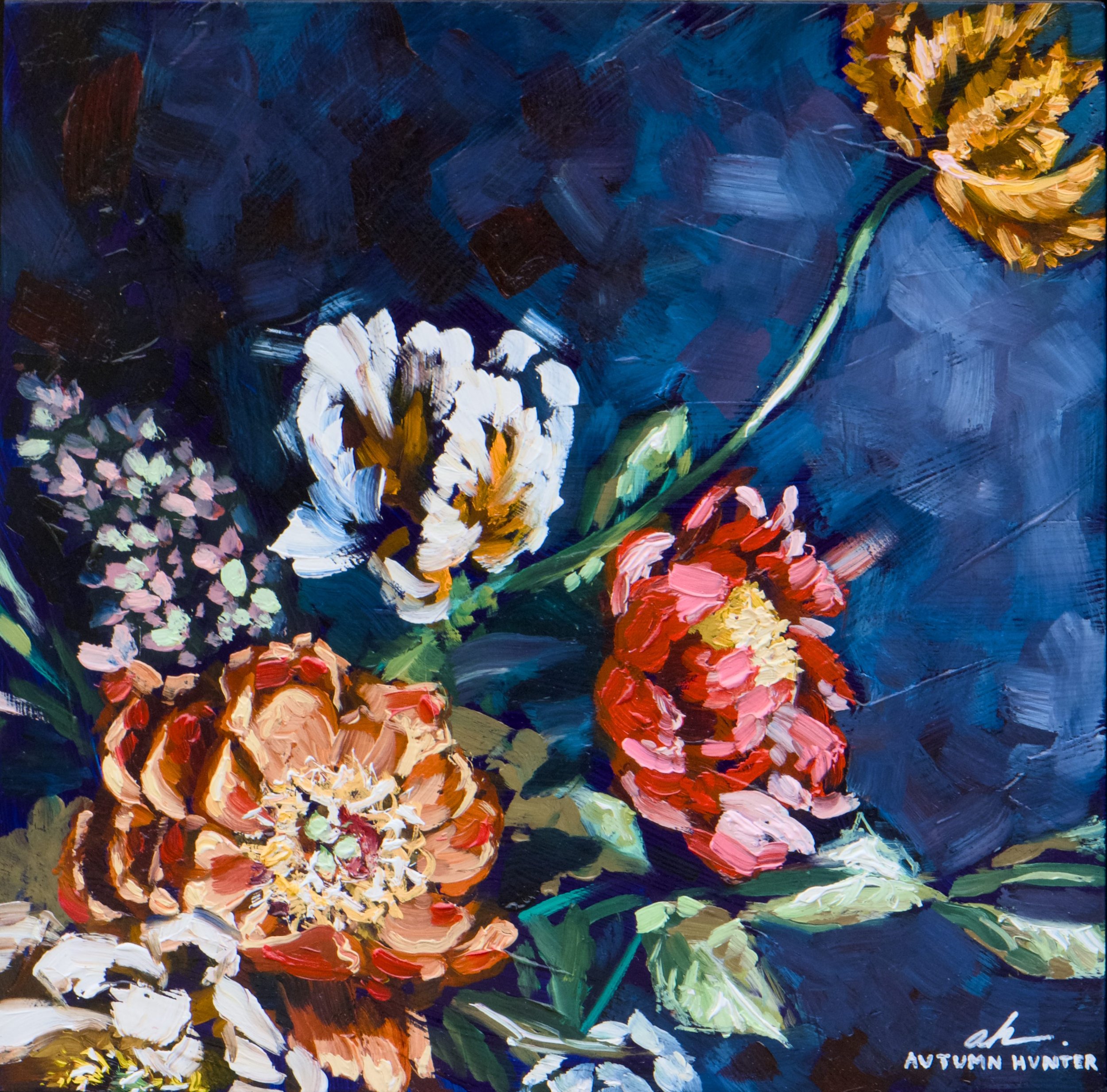 A colorful, textured painting of various flowers with dark background, signed by Autumn Hunter.