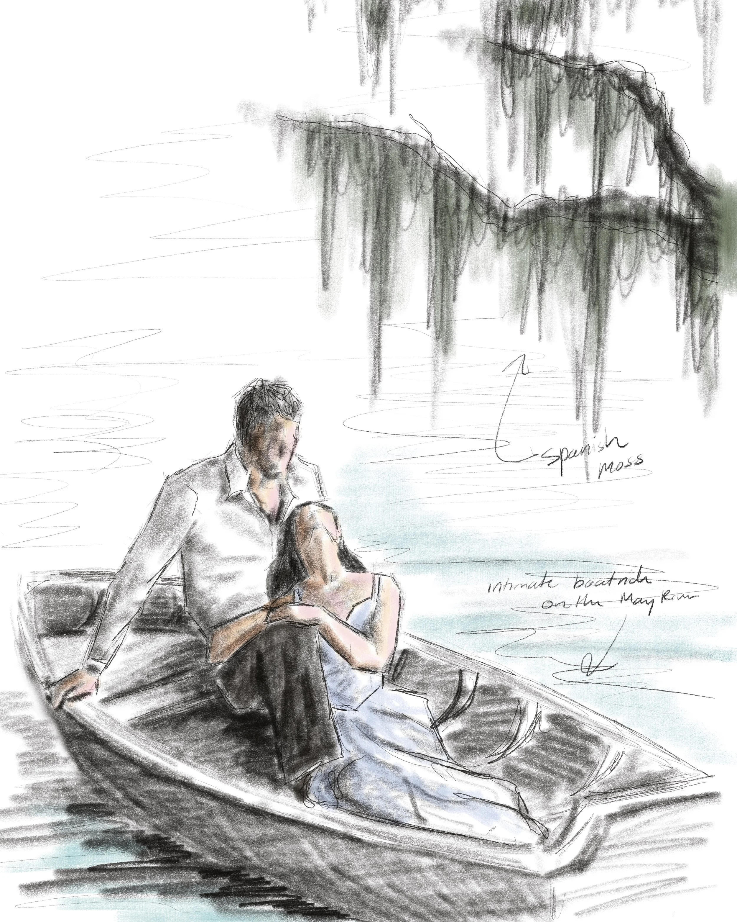 low country southern wedding, couple in boat on the river under spanish moss