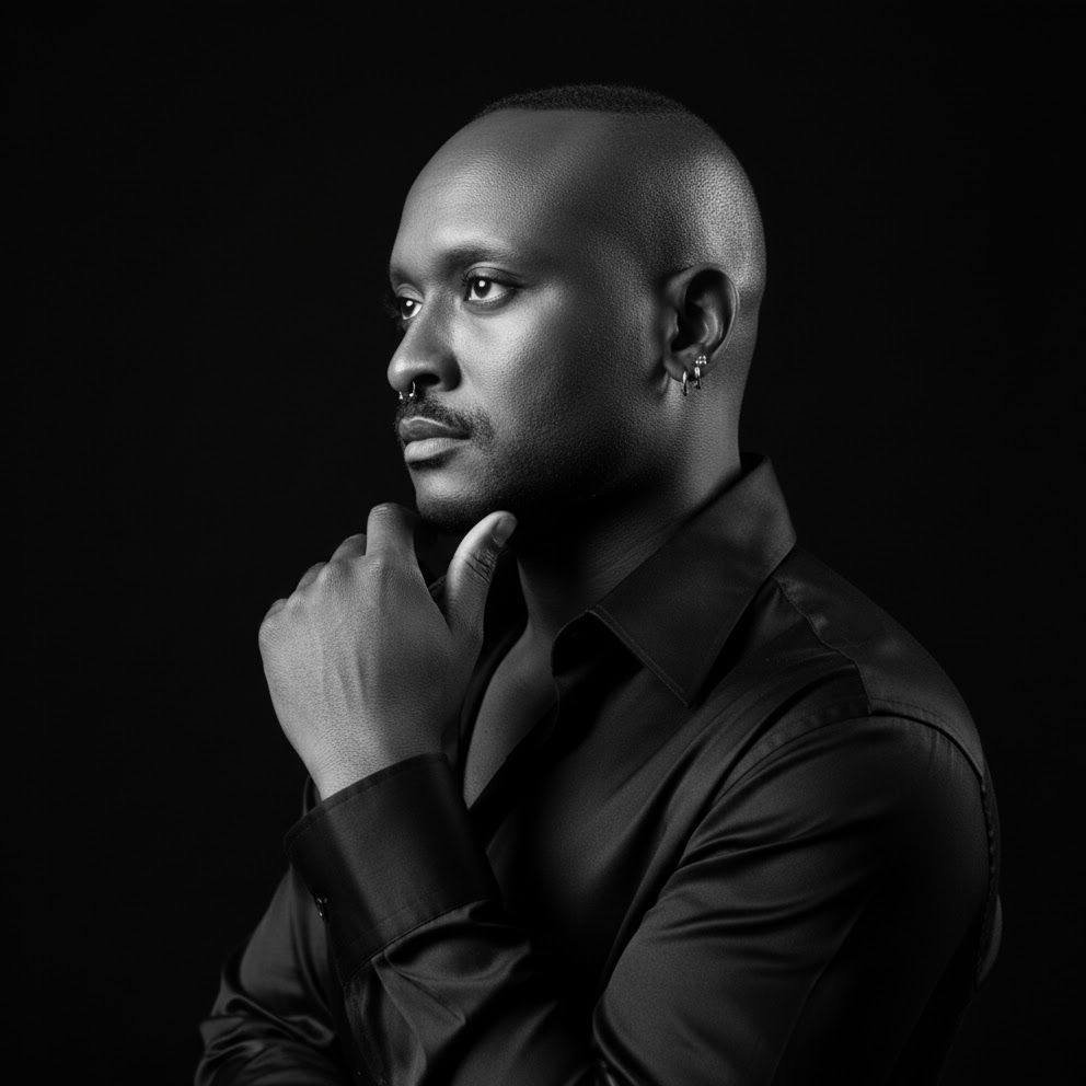 Black man with shaved head and earrings, wearing a black shirt, posing in a thoughtful manner against a black background.