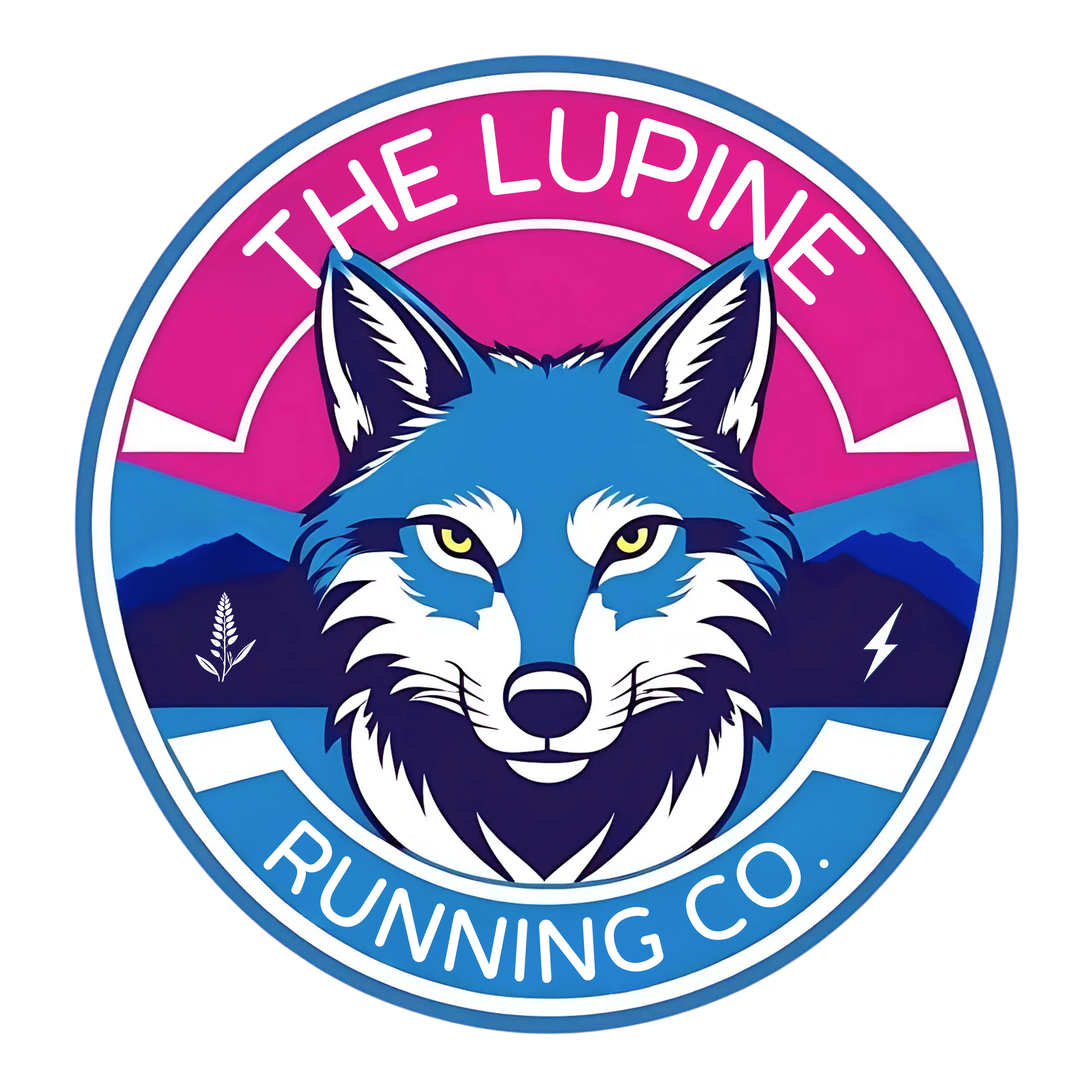 Logo for The Lupine Running Co. featuring a wolf's face with mountain background and pink sky.