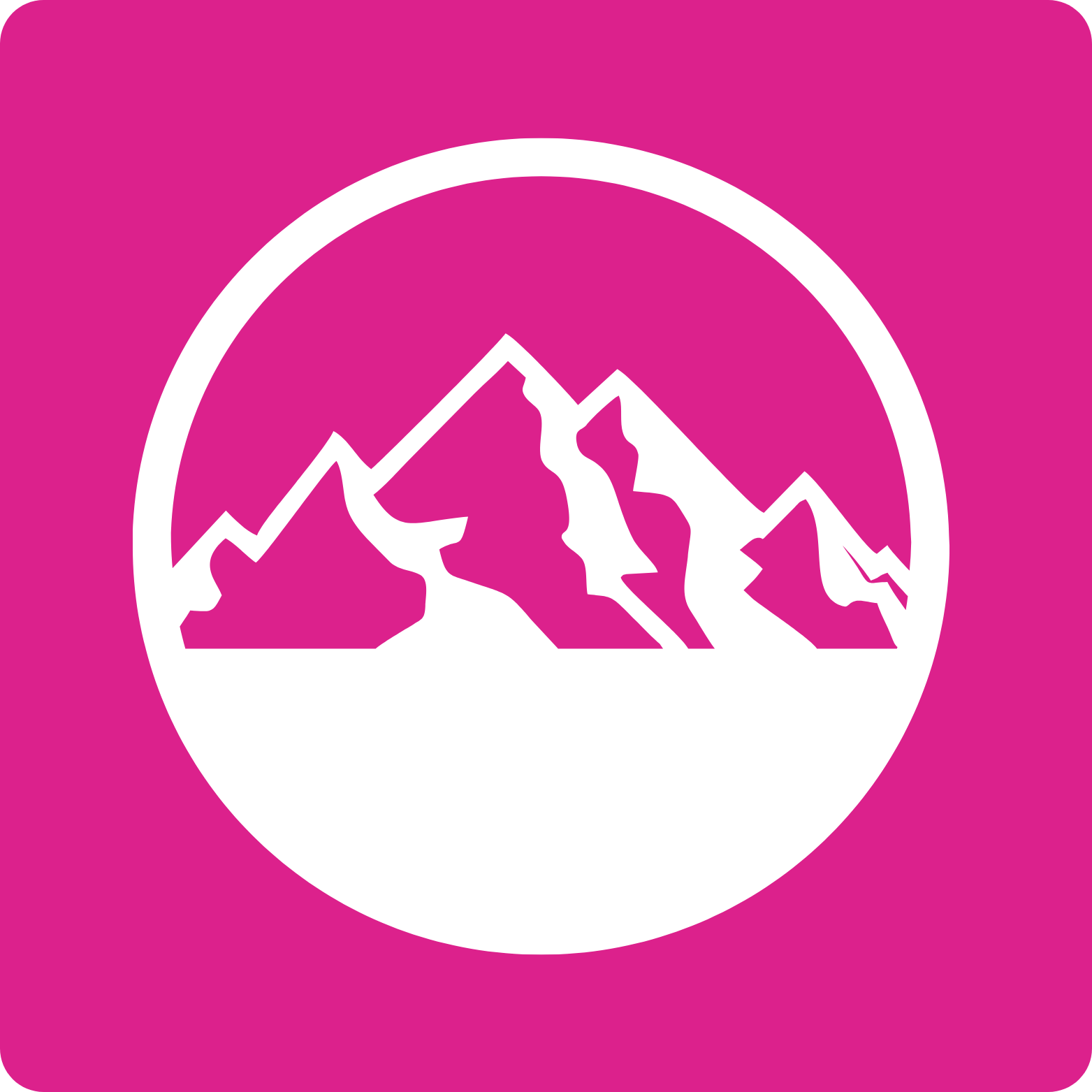 Icon of mountain peaks inside a circle with a bright pink background.