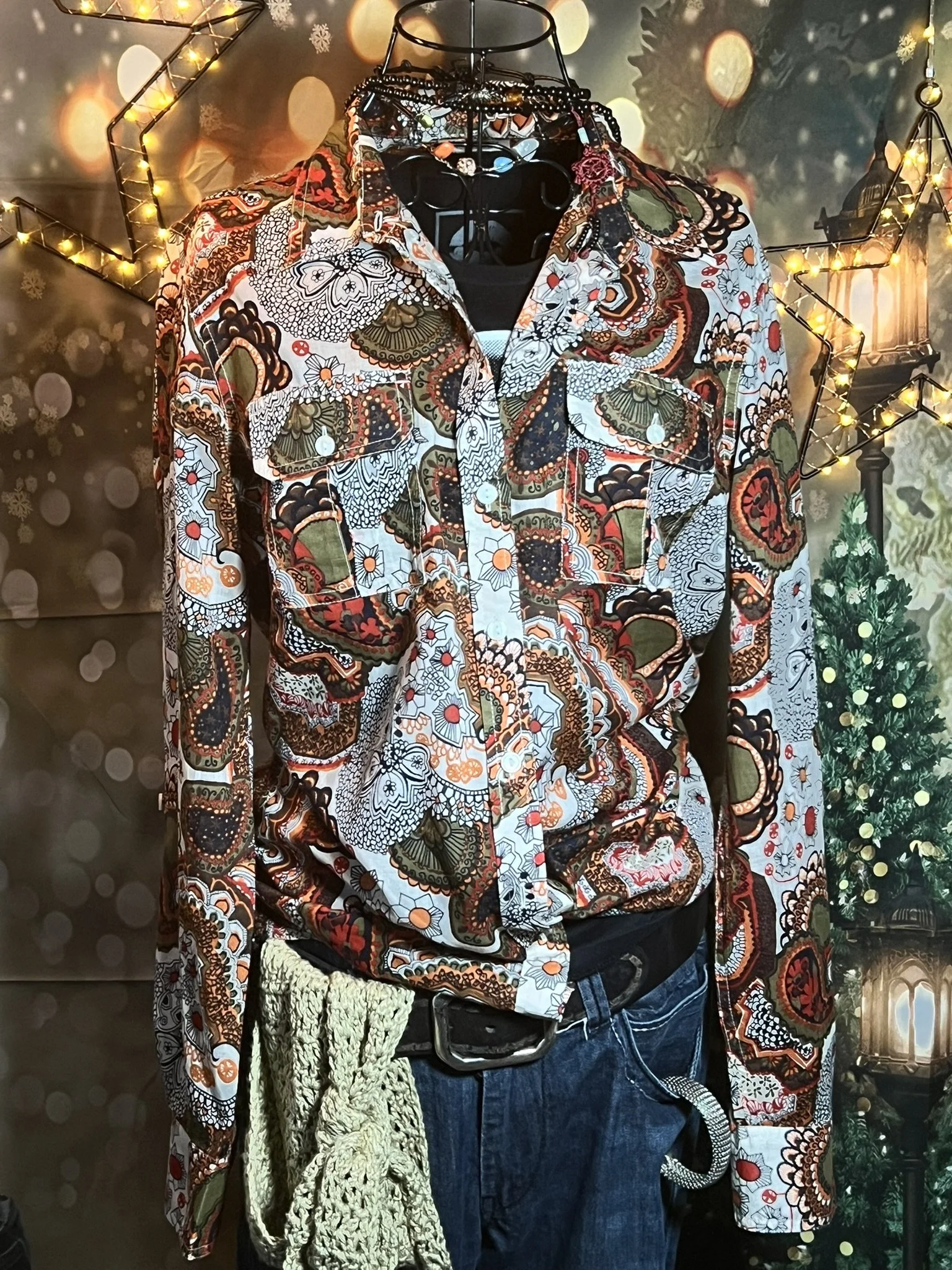 Lucky Brand Paisley Flowers Lightweight Roll Tab Sleeve Cotton — Sz Large (12/14)