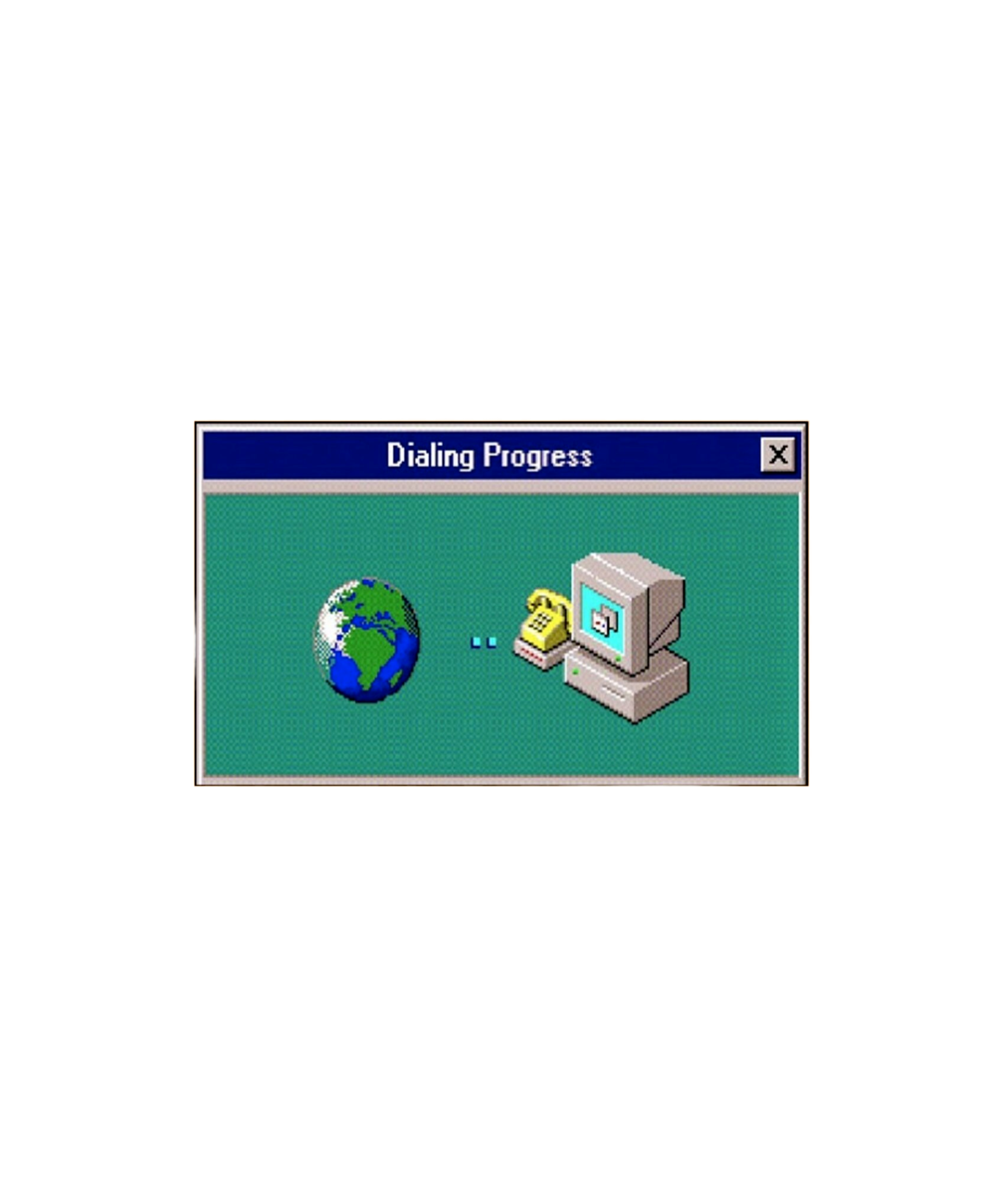 Screen display of a vintage computer window titled 'Dialing Progress',  image used on contact us page