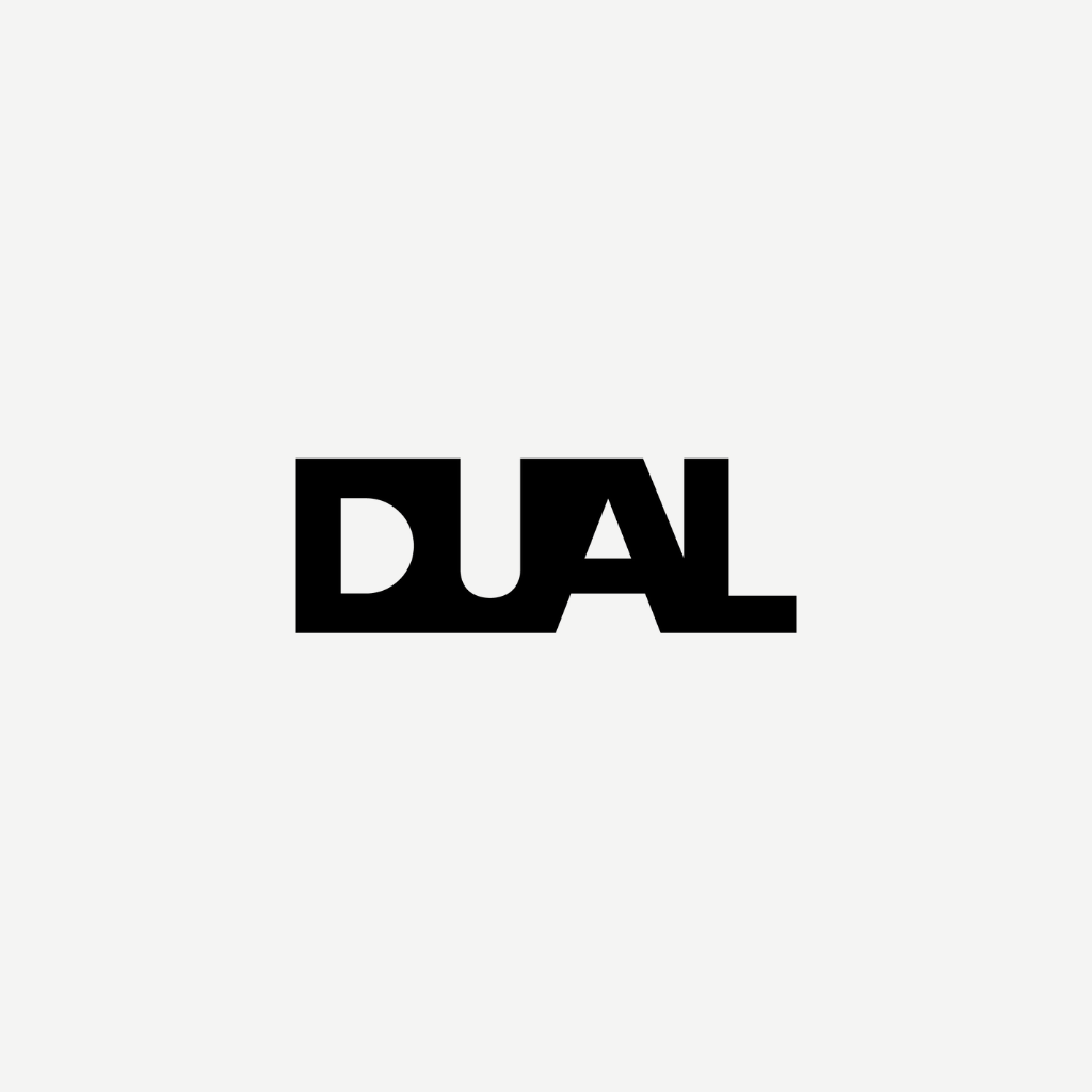 Bold black text spelling 'DUAL' on a light gray background.