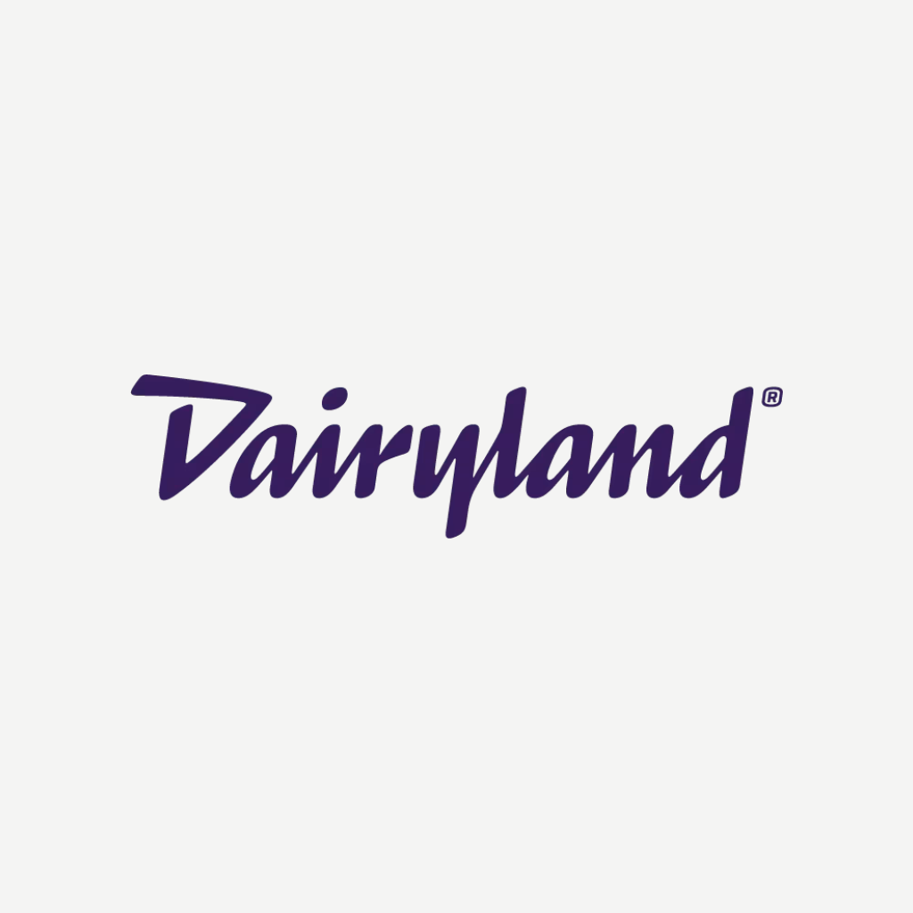Dairyland logo in purple script on a white background.