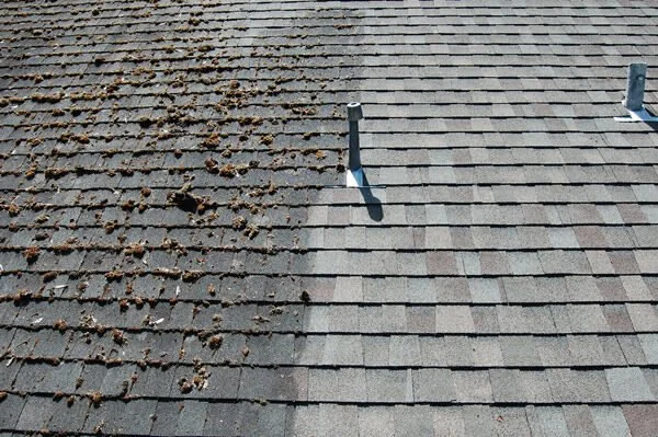 A roof with missing shingles and debris on the left side, and newer, intact shingles on the right side.