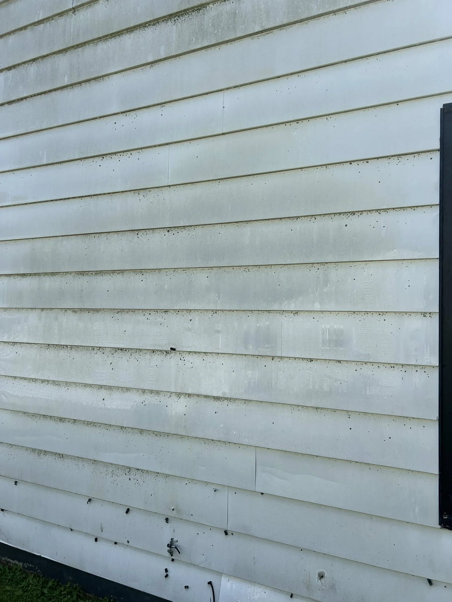 Close-up of a weathered white house siding with dirt, grime, and black mold spots, with small black pipes and a wire near the bottom.