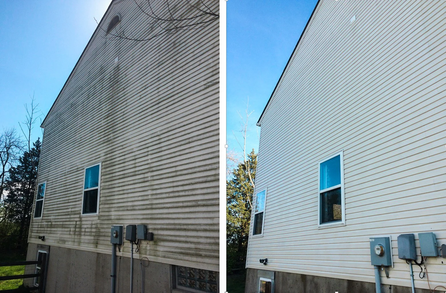 Comparison of the same house's exterior siding before and after cleaning. The left shows dirty, stained beige siding, and the right shows cleaned, bright beige siding.