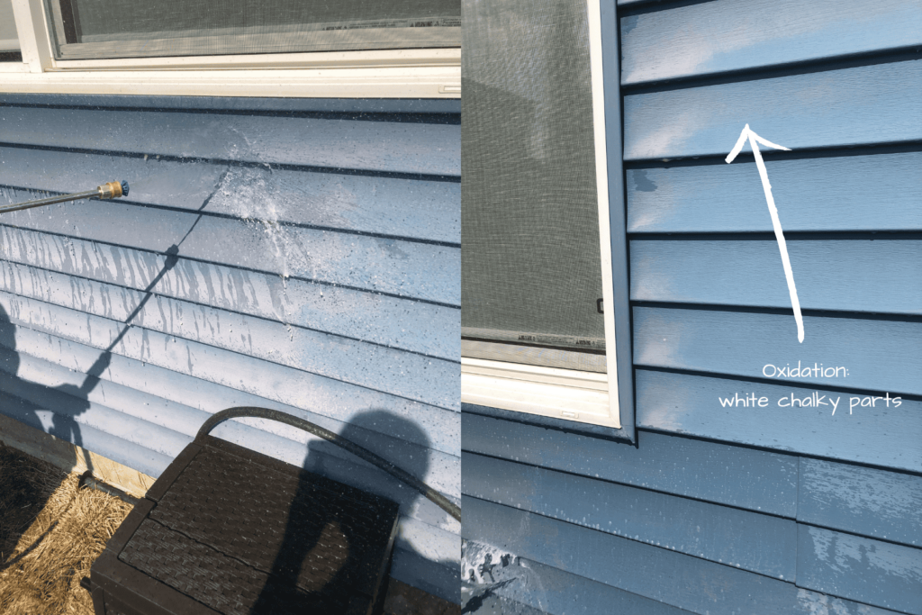 Comparison of a house siding before and after cleaning and oxidation. The left shows dirty, oxidized siding with water spray, and the right shows cleaned siding with white chalky oxidation parts indicated.