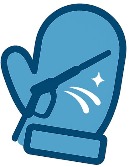 Illustration of a blue oven mitt with a handgun outline on it.