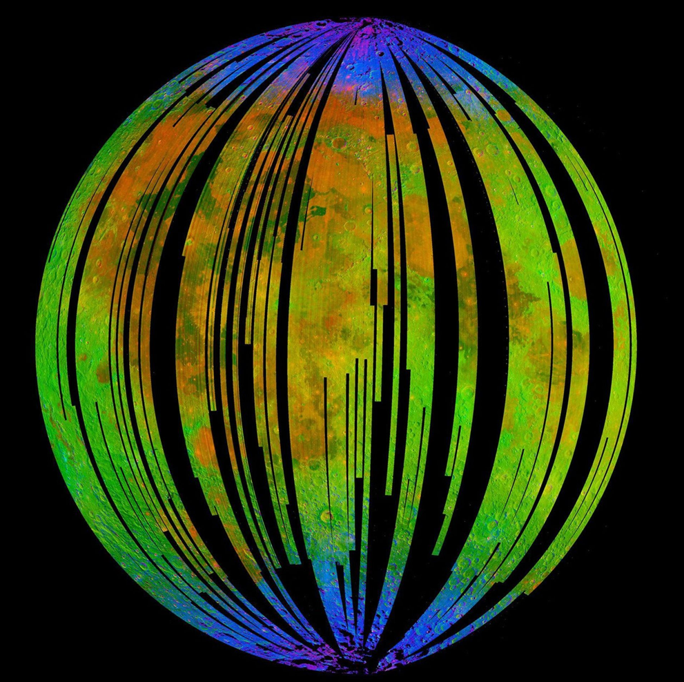 A composite hyperspectral image of Moon taken from low lunar orbit, with colorful vertical lines and false color images of lunar water deposits.