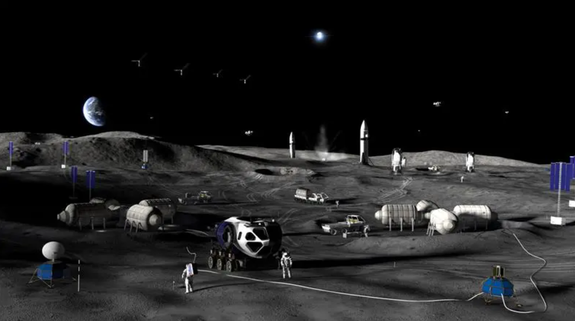 Artist's rendering of a lunar base with modules, rovers, and astronauts on the moon's surface, with Earth and space craft in the background.