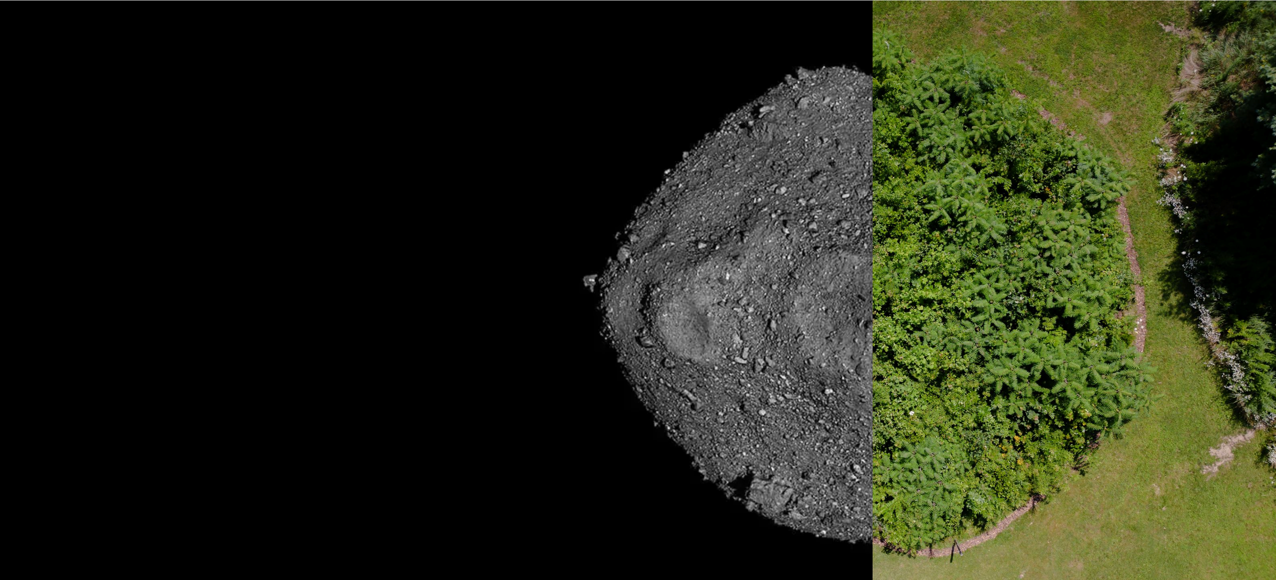 An aerial view transitioning from a rocky lunar surface on the left to a green garden with plants and grass on the right.