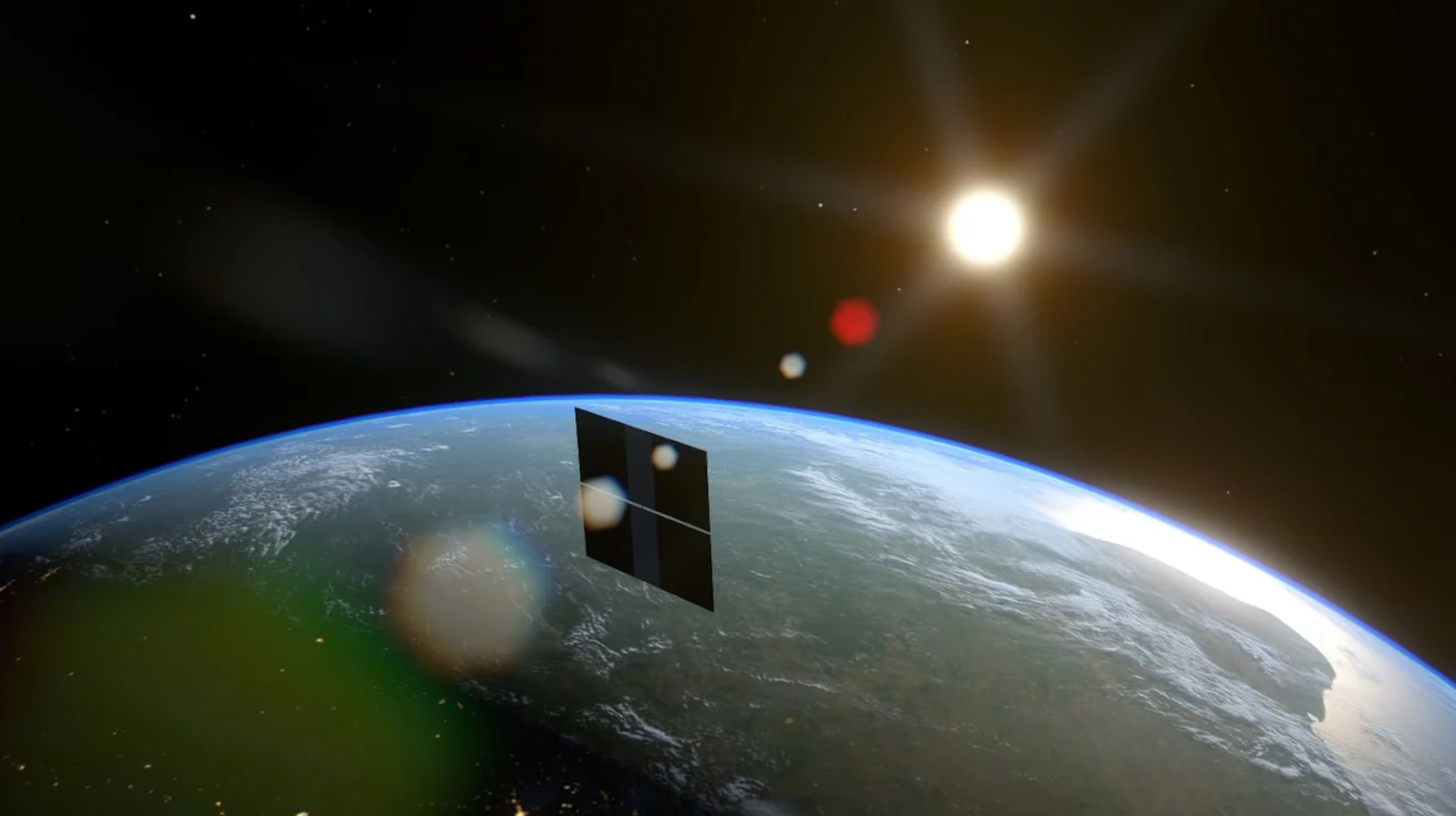 A rendering of Earth from space with the Sun shining in the background. A satellite is orbiting the planet with solar panels visible.