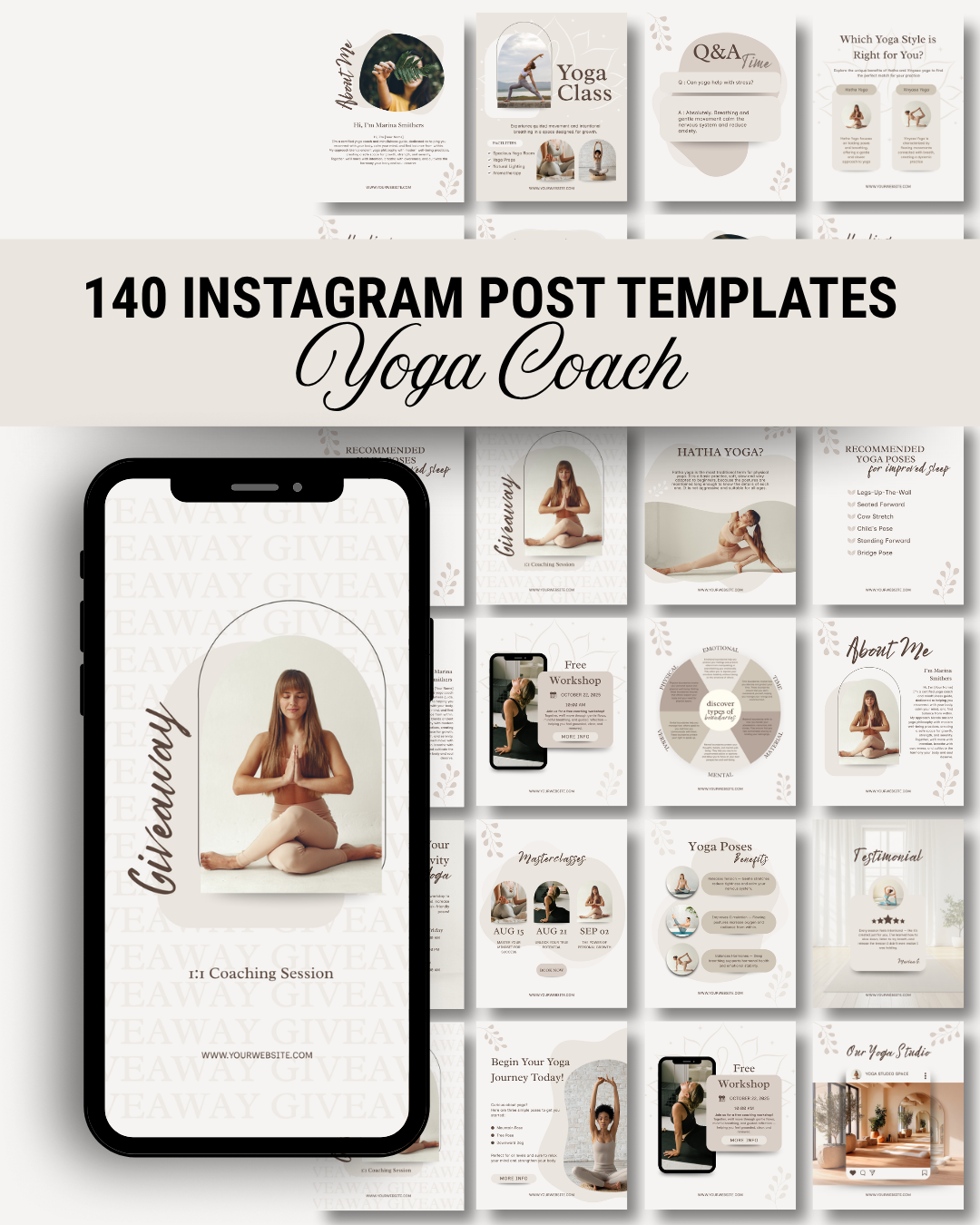 Yoga Coach Instagram Templates | 140 Canva Editable Social Media Kit