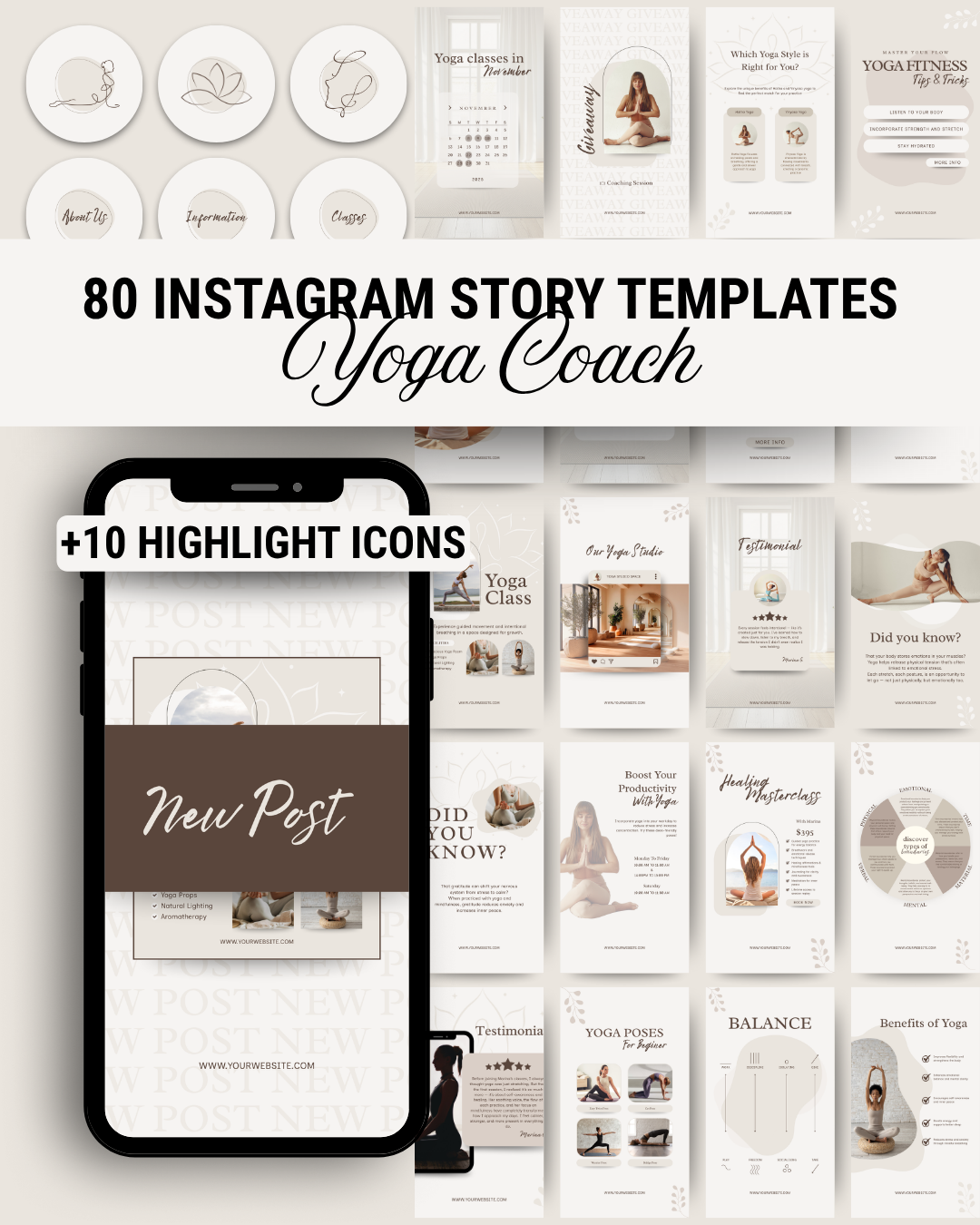 Yoga Coach Instagram Story Templates | 80  Canva Editable Templates | + 10 Highlight Icons
