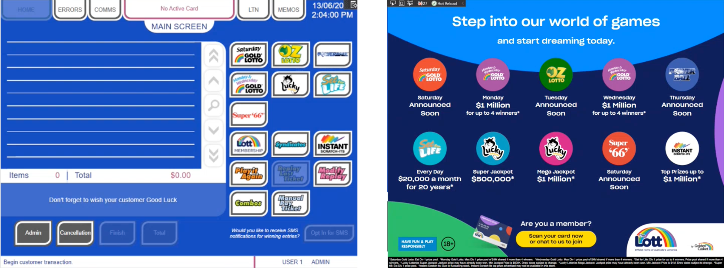 The retailer experience is primarily made up of 2 seperate terminal interfaces. One for the operator (left) and one for the customer (right), which summarise game options and ticket selection. The existing UI was designed and developed over 16 years