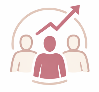 Illustration of three people with an upward trending arrow representing growth or success.