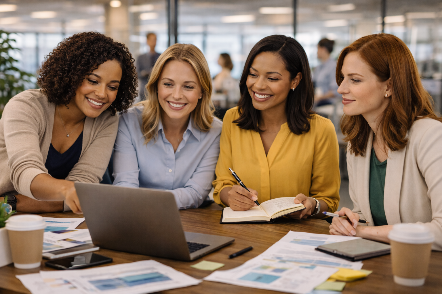 Four women smiling and working together at a desk in an office, looking at a laptop, with papers, notebooks, pens, and coffee cups on the table.