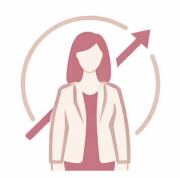Illustration of a woman with shoulder-length hair, wearing a blazer, with an upward arrow and a circular arrow around her, indicating growth or progress.