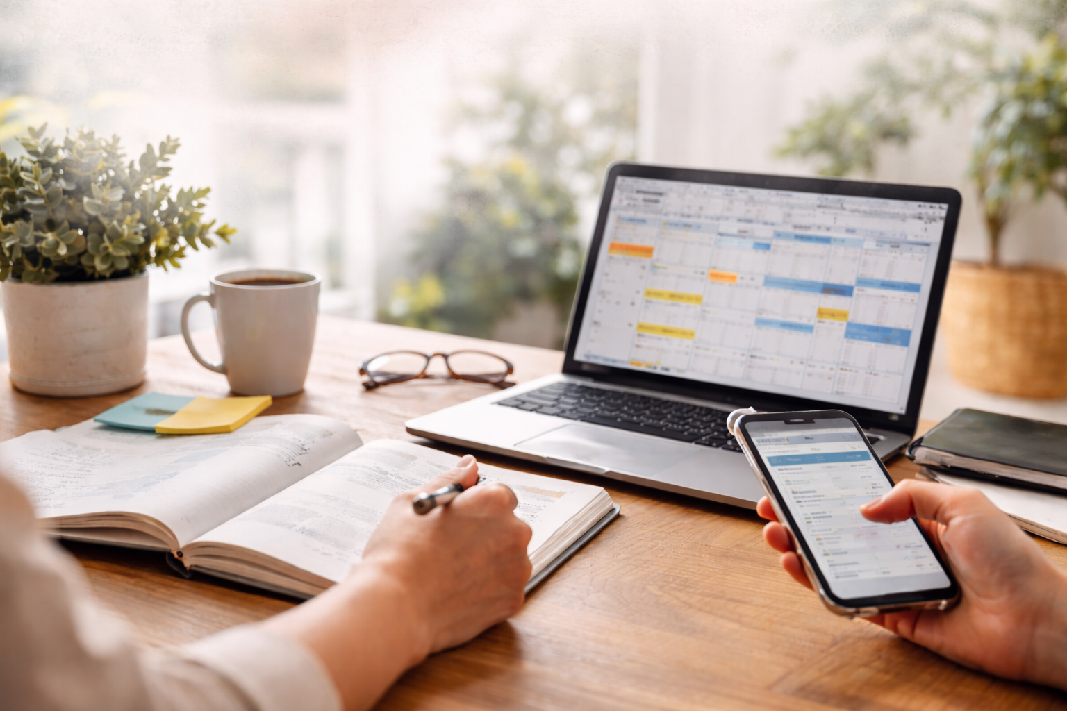People working at a desk with a laptop, smartphone, open planner, pen, notebook, coffee mug, and plants in the background.