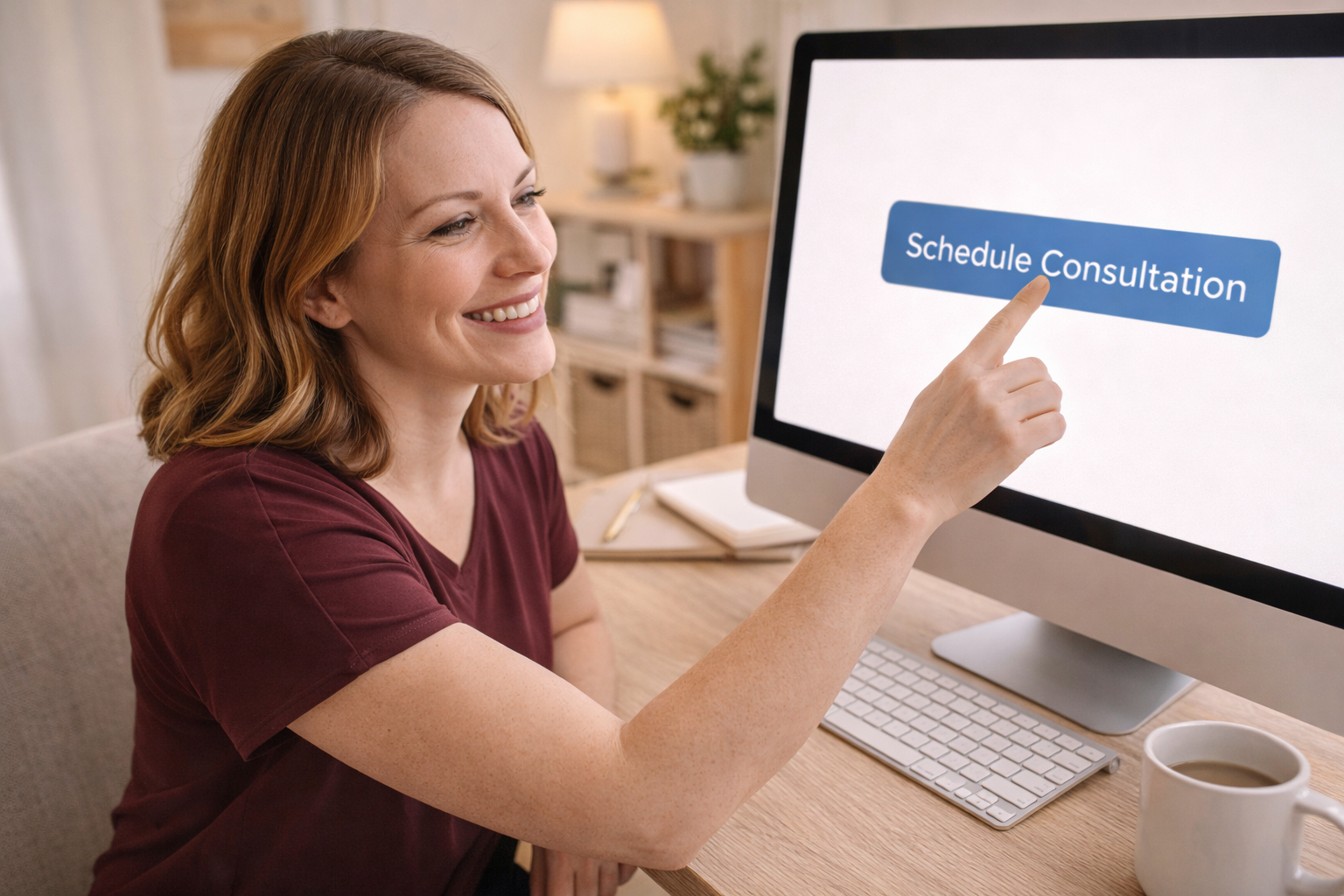 A woman smiling and pointing at a computer screen displaying a 'Schedule Consultation' button.
