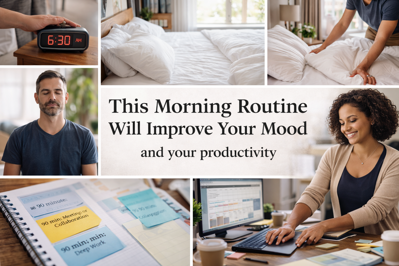A collage of images showing a person setting an alarm clock to 6:30 AM, a tidy bed, a person making the bed, a meditative man, a happy woman working at a desk, a planner with scheduled activities, and a woman smiling while working at her computer. The central text reads, 'This Morning Routine Will Improve Your Mood and your productivity.'