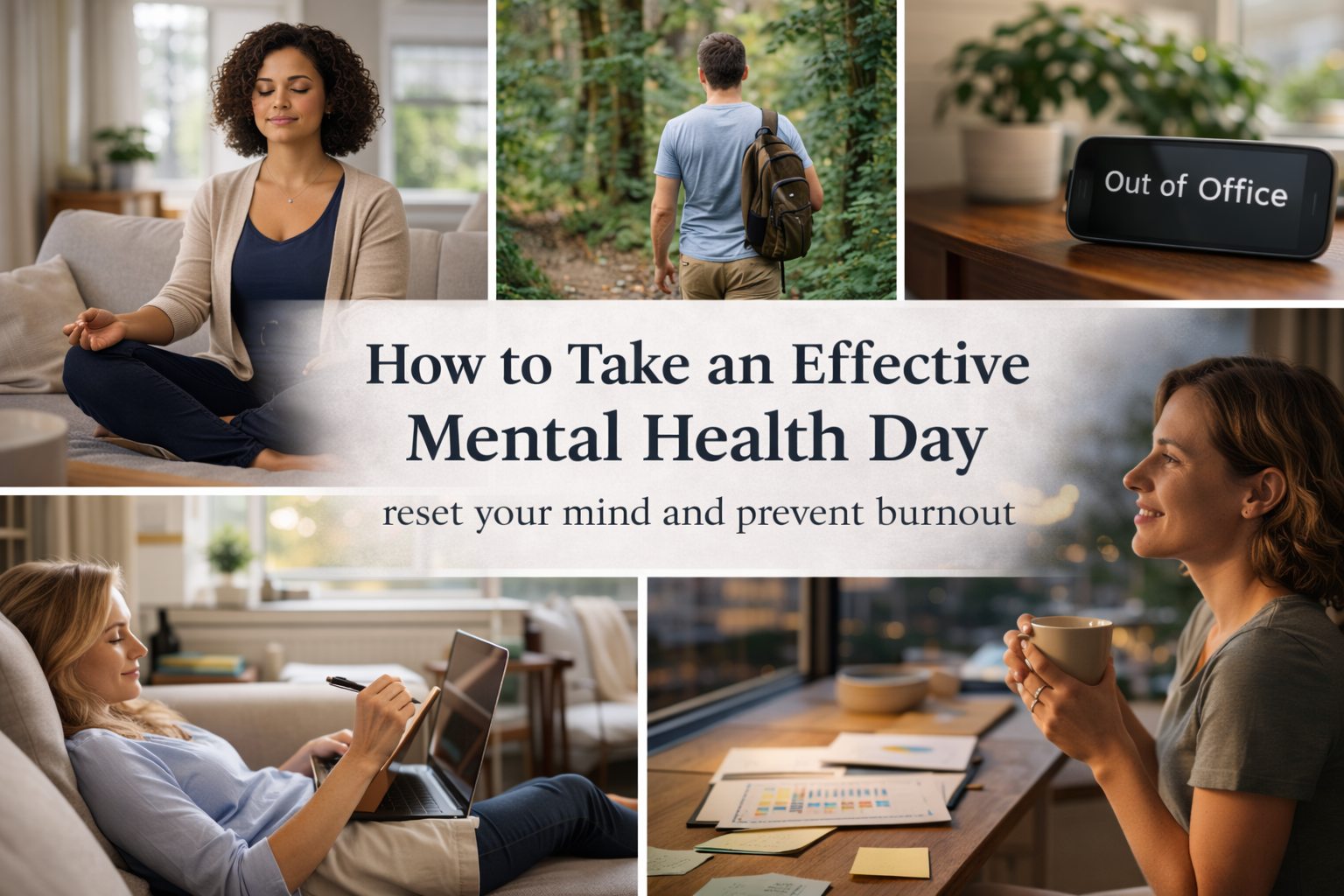 Collage of images with women engaging in relaxing activities, a person walking in a forest, a phone with 'Out of Office' message, and a table with documents, promoting mental health and burnout prevention.