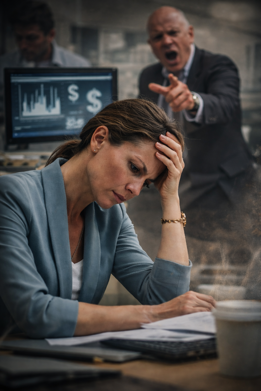 Frustrated woman sitting at a desk with her hand on her forehead, appearing stressed. Behind her, an angry man in a suit is yelling and pointing, with a computer displaying financial graphs and dollar signs in the background.
