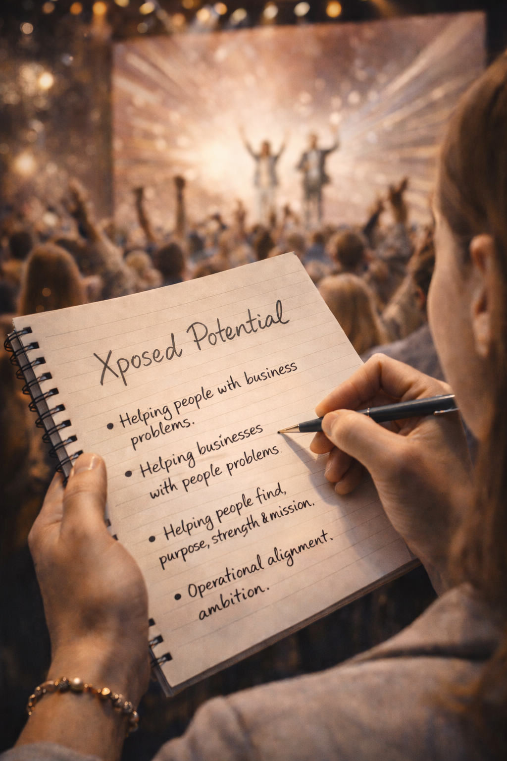 A person taking notes on a notepad titled 'Xposed Potential' with a stage and crowd in the background, featuring two speakers or performers.
