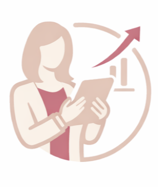 A woman looking at a tablet with an increasing upward arrow and a bar chart in the background.