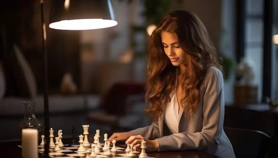 A young woman with long, wavy hair playing chess at a table in a dimly lit room.