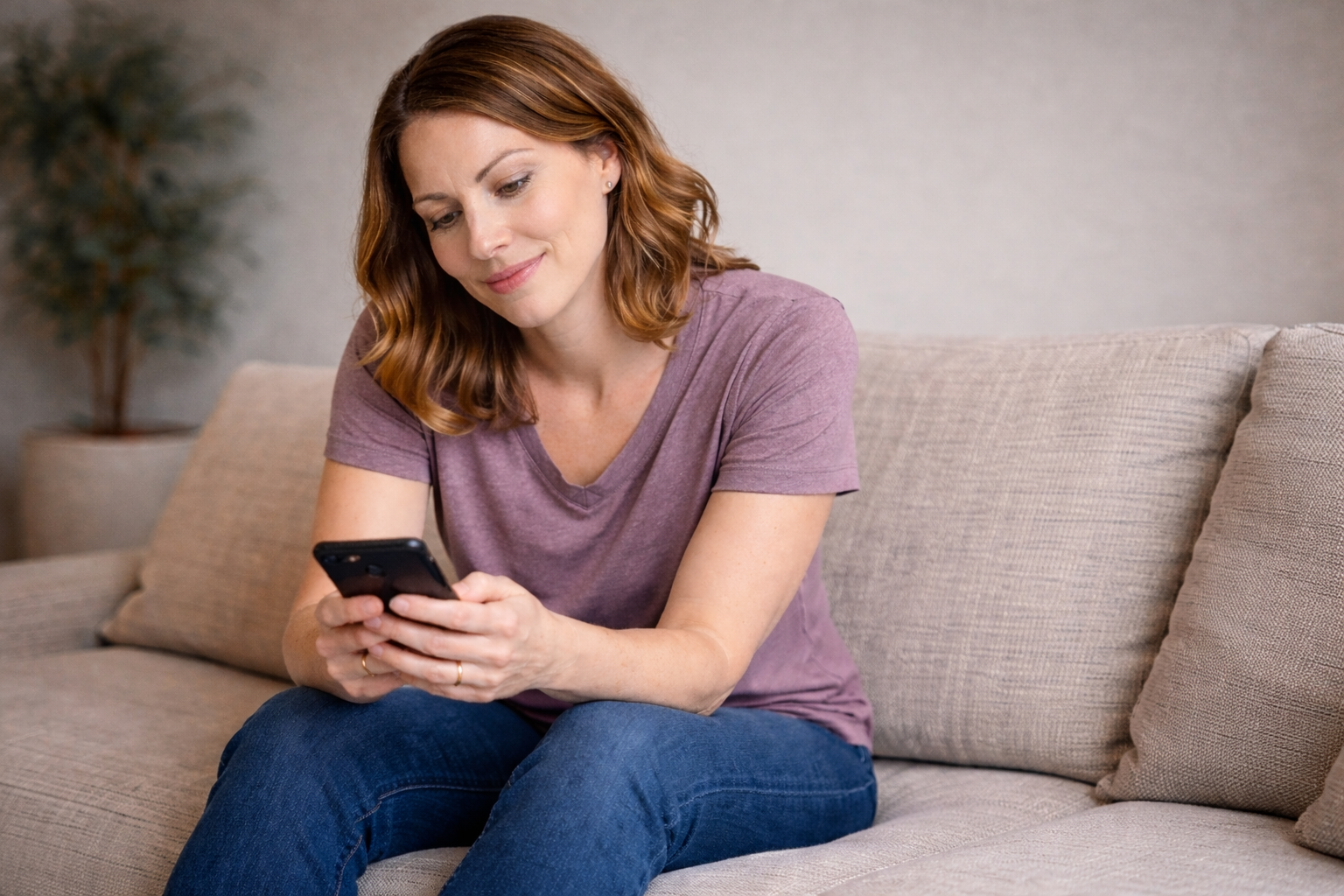 A woman with shoulder-length reddish-brown hair sitting on a beige couch, looking at her smartphone with a smile.