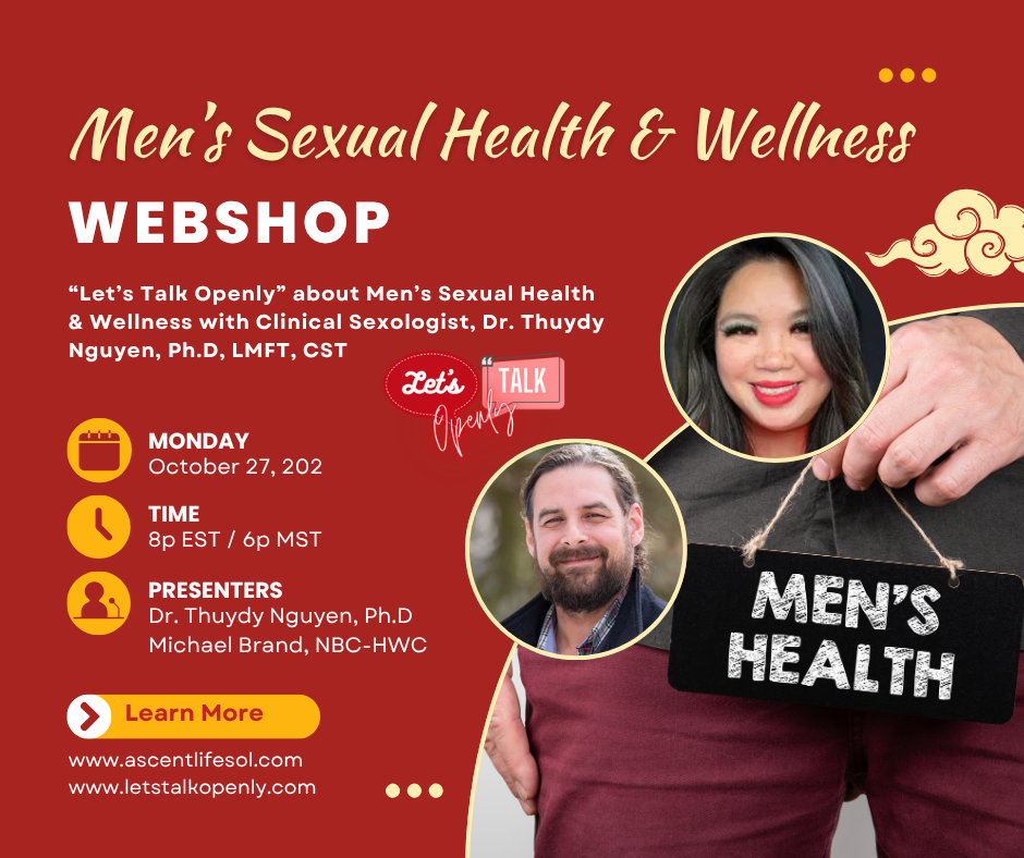 Promotional poster for a men's sexual health and wellness webinar featuring two speakers, Dr. Thuydy Nguyen and Michael Brand, NBC-HWC, scheduled for October 27, 2022, at 8 p.m. EST / 6 p.m. MST, with a woman holding a sign that says 'Men's Health.'