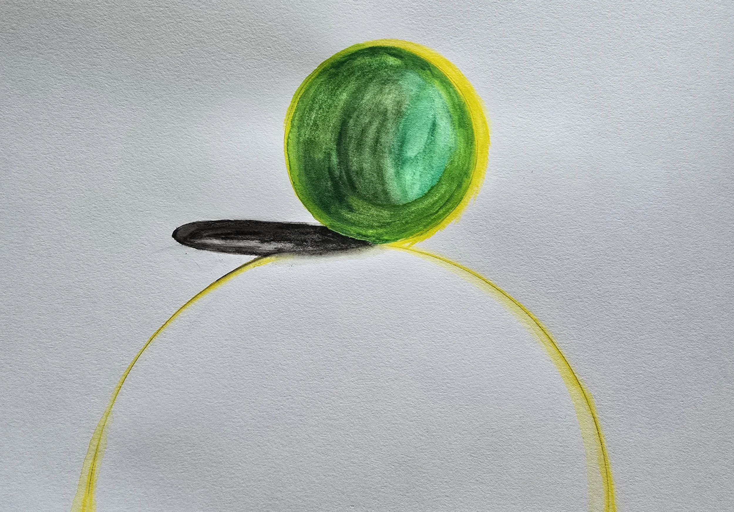 Watercolor pencil painting of a green sphere, with a shadow, on top of a yellow circle on white paper.