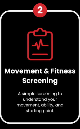 A black digital screen with a red clipboard icon and the words 'Movement & Fitness Screening' below, indicating a simple health screening for movement and ability.