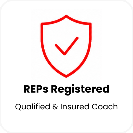 Red shield with check mark, text reads 'REPs Registered, Qualified & Insured Coach'
