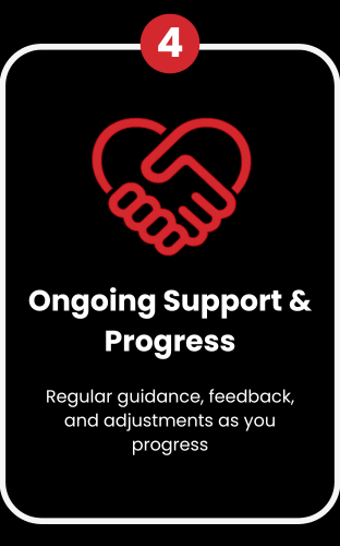Icon of two hands shaking above the words 'Ongoing Support & Progress,' with text about regular guidance, feedback, and adjustments.