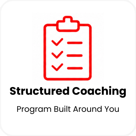 Graphic of a checklist on a clipboard with the text "Structured Coaching" and "Program Built Around You" below.