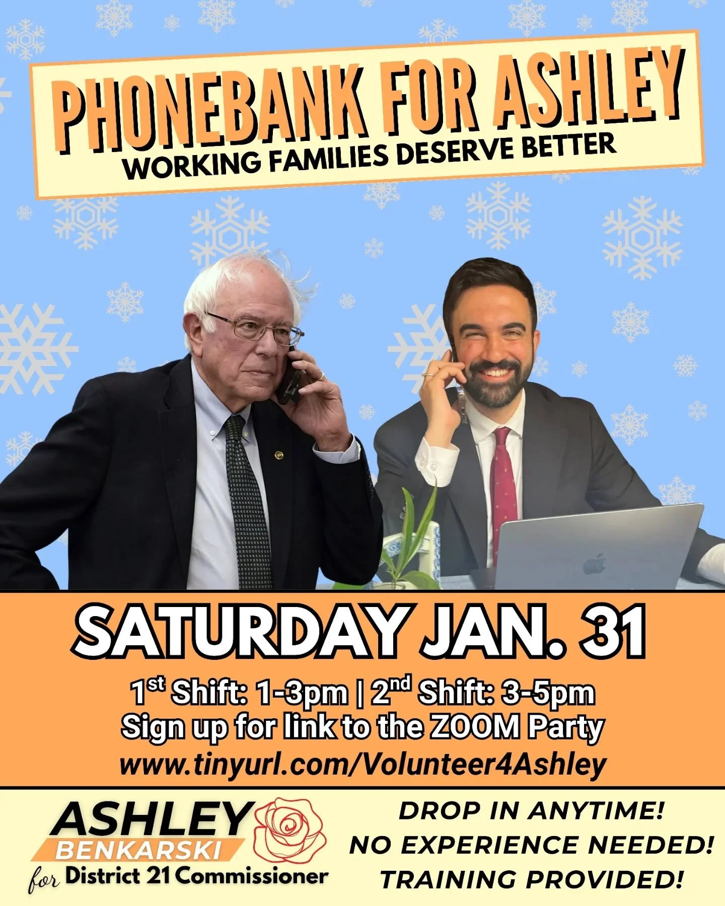 PHONEBANK FOR PROGRESSIVE POPULISM!

Due to frigid temperatures, join us again this Saturday January 31 for a Zoom Phonebank Party to call District 21 voters and let them know about Ashley's campaign.

1st Shift runs from 1-3pm
2nd Shift runs from 3-