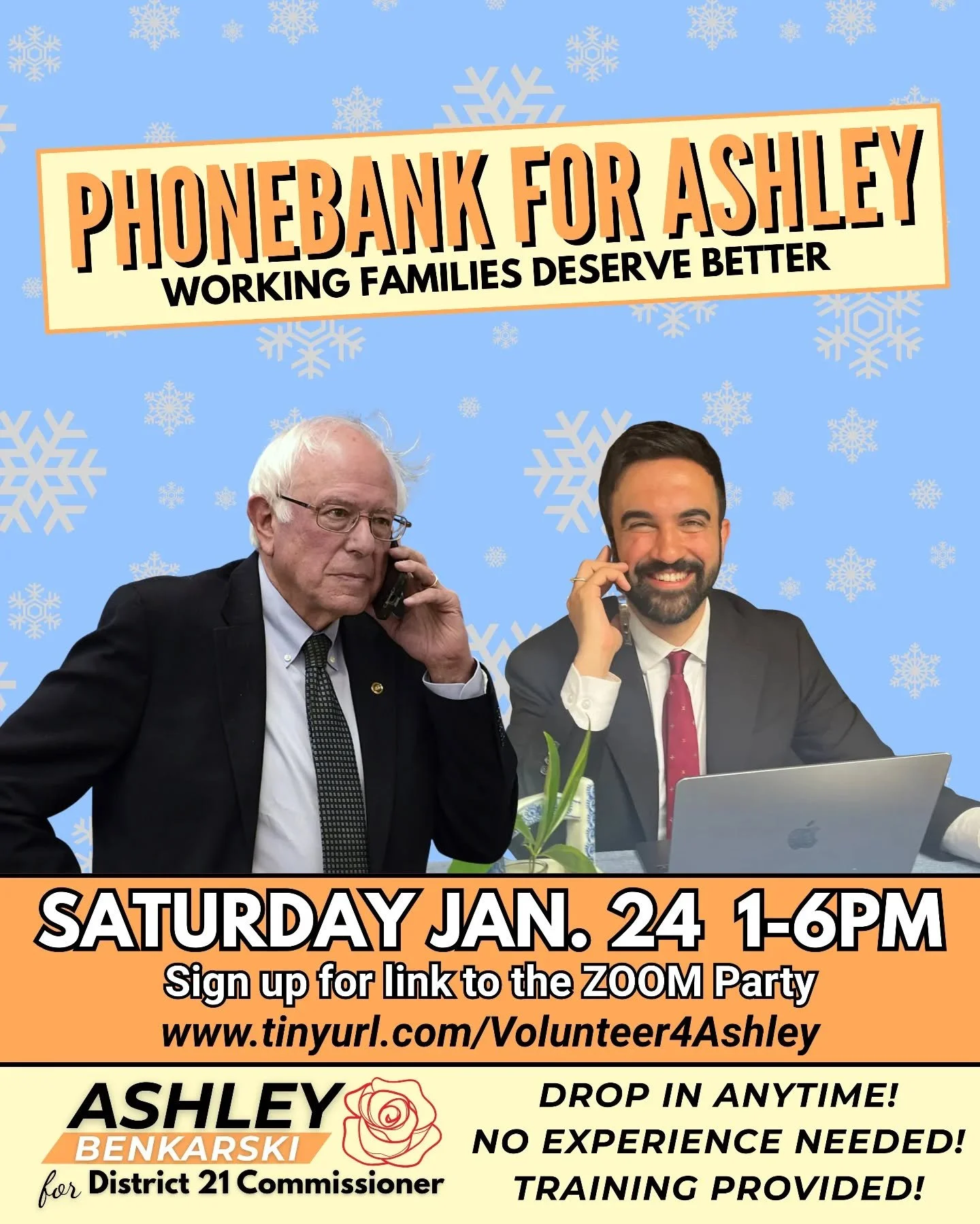 JOIN US FOR OUR FIRST PHONEBANK ZOOM PARTY! 

DROP IN ANYTIME!
NO EXPERIENCE NEEDED!
ALL TRAINING WILL BE PROVIDED!

Out of an abundance of caution we are taking our normal Saturday canvass online this weekend. We will be enjoying the snow Saturday m
