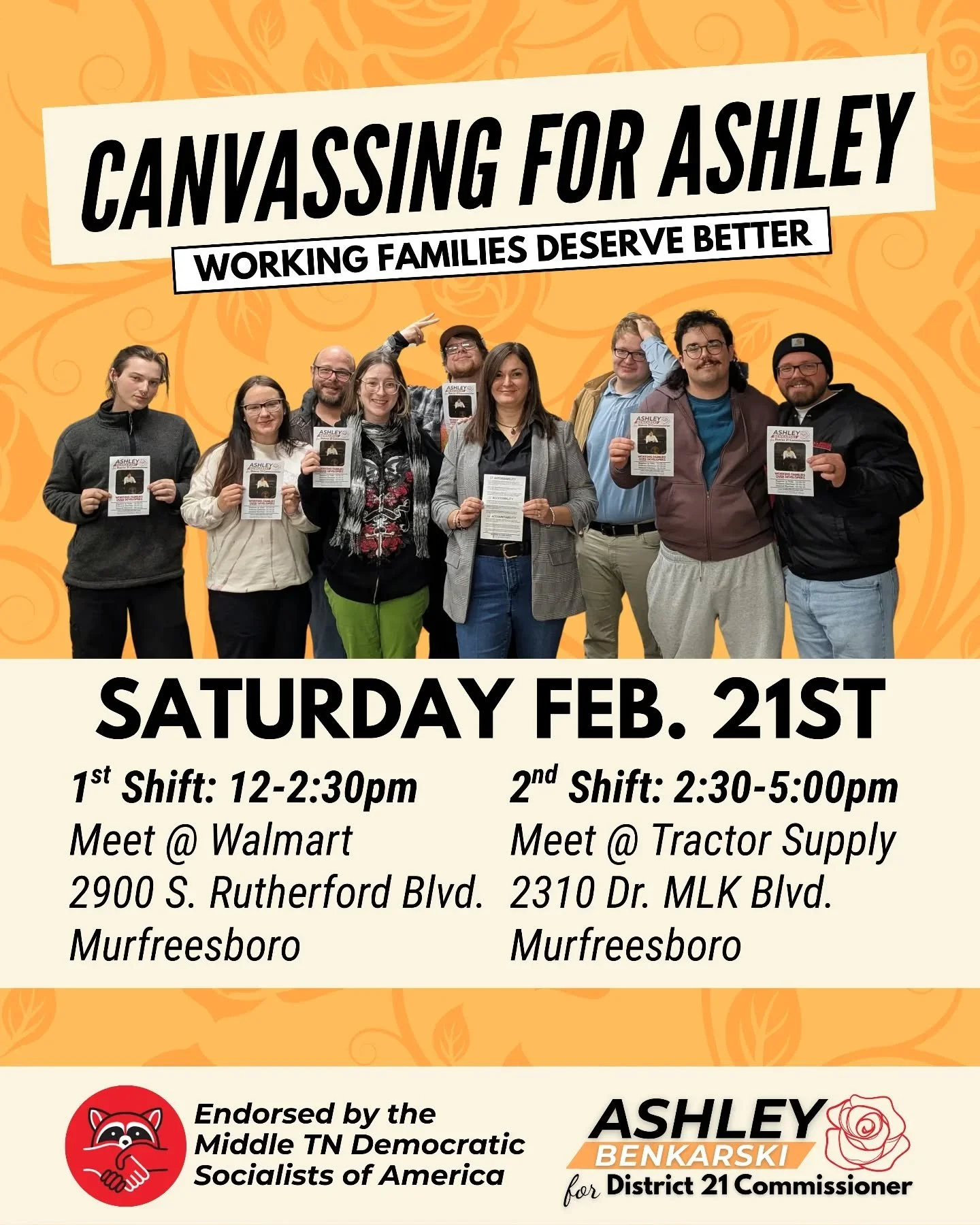 JOIN US THIS WEEKEND! 

We will be out in RuCo District 21 again this Saturday 2/21 for two canvassing shifts. You're invited to volunteer for either one, or stay for both! 

12-2:30pm: Meeting @ Walmart on South Rutherford 
2:30-5pm: Meeting @ Tract