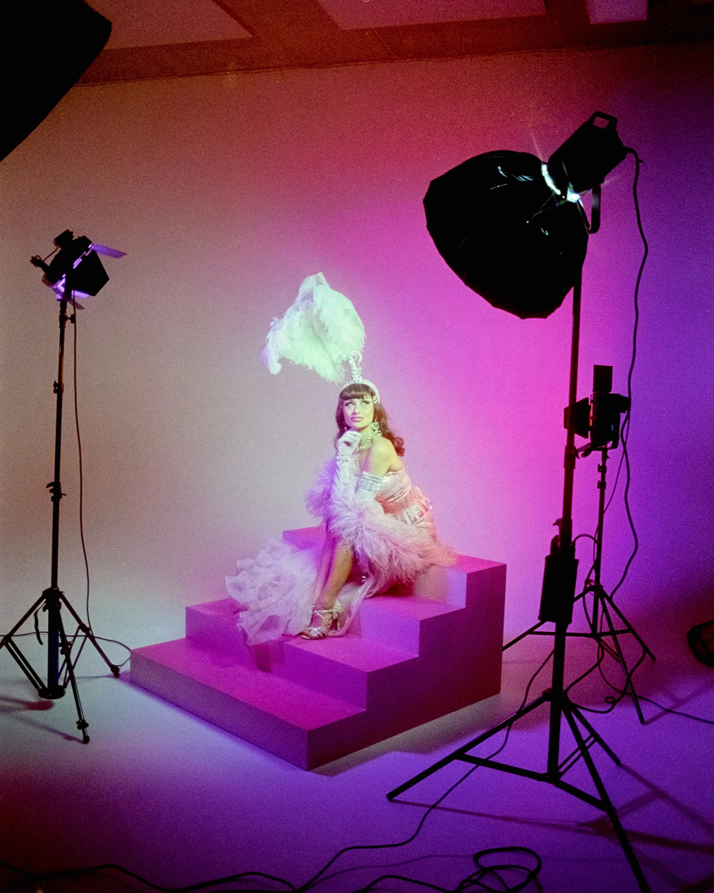 35mm film - Ultramax - of a burlesque dancer with pink lighting