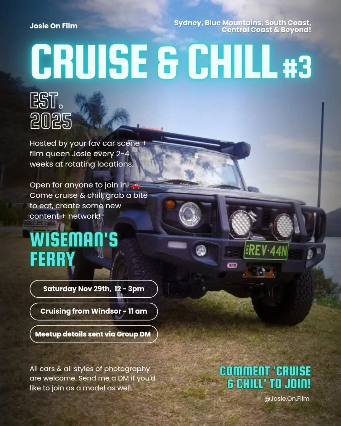 FREE EVENT! - CRUISE &amp; CHILL 🚗📸
Saturday 29th November - Windsor to Wiseman's Ferry
OPEN TO EVERYONE! MIXED EVENT ♂️♀️

Two ways to join the fun:
✨ Cruisers: Meeting at Windsor and cruising as a group to Wiseman's Ferry, starting at 11:00 AM.
✨