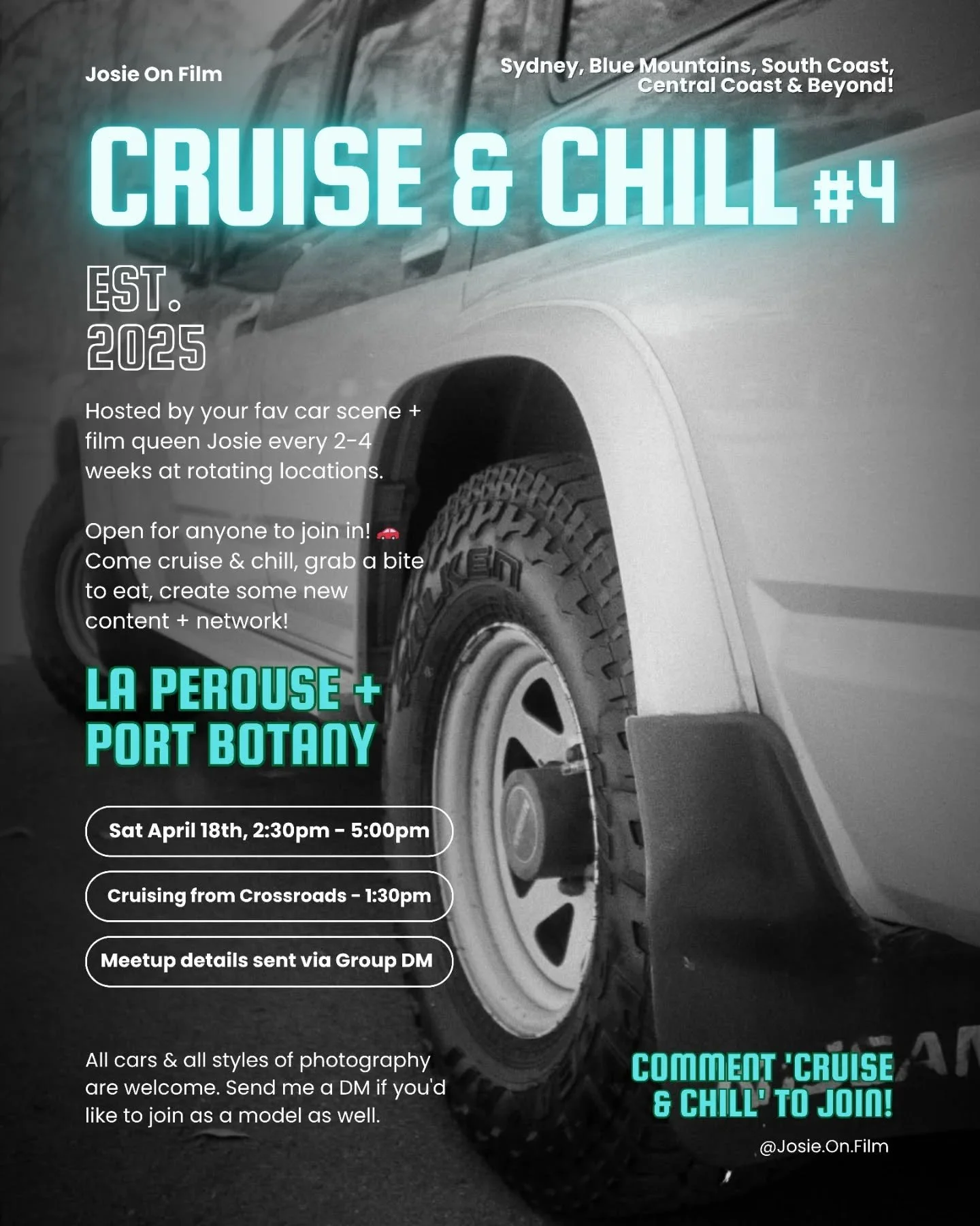 FREE EVENT! - CRUISE &amp; CHILL 🚗📸
Saturday 18th April, 2026 - Crossroads to La Perouse.
OPEN TO EVERYONE! MIXED EVENT ♂️♀️

Two ways to join the fun:
✨ Cruisers: Meeting at Crossroads  and cruising as a group to La Perouse, starting at 1:30pm.
✨C